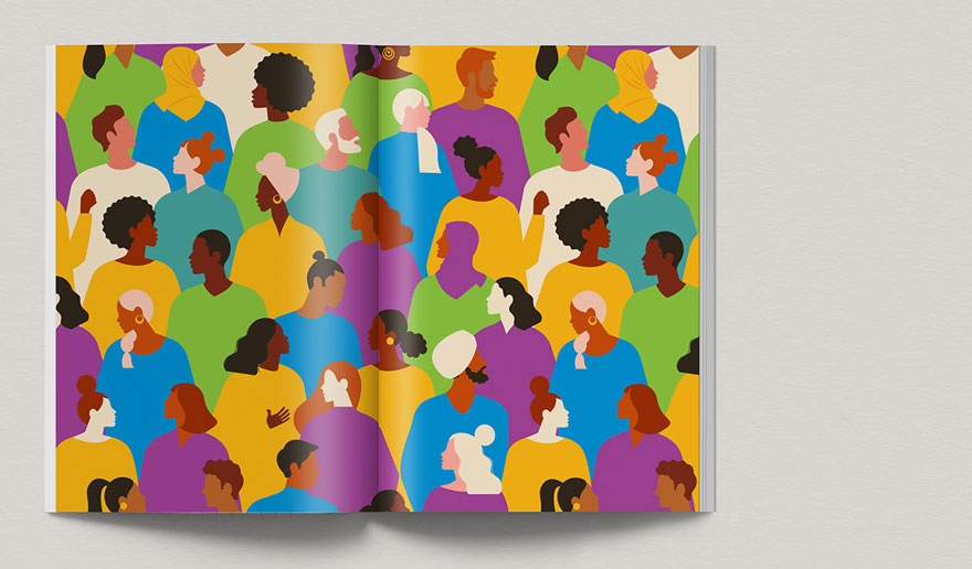 open book with an illustration of a multicultural crowd