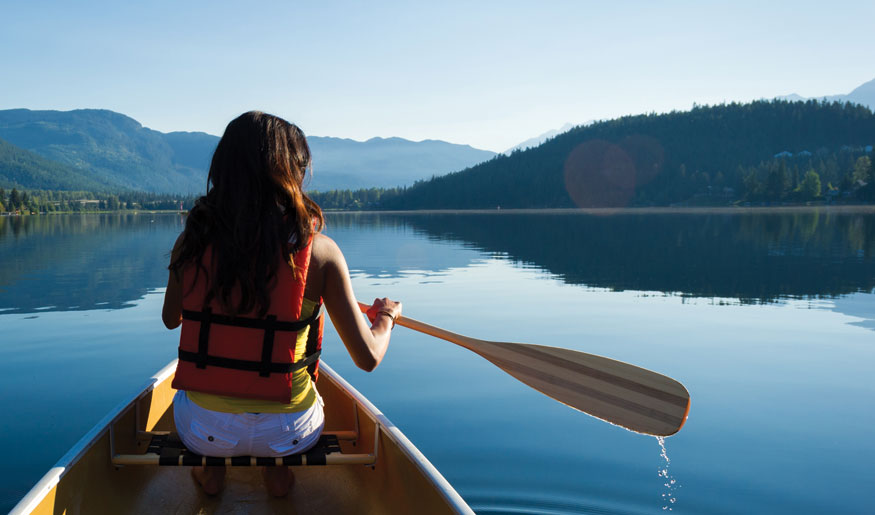Woman canoeing on lake 